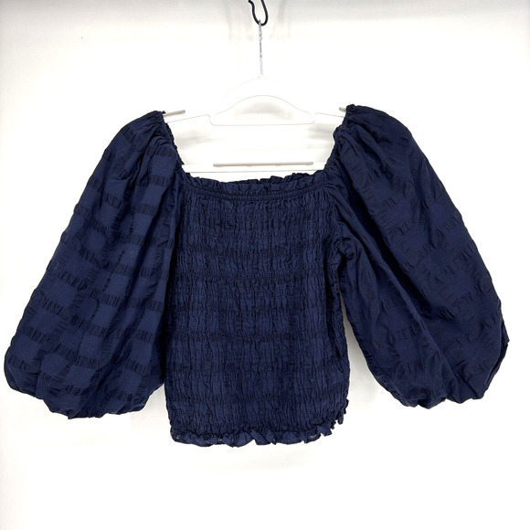 Anthropologie Maeve Smocked Top Large Navy Searsucker Windowpane Balloon Sleeve - Picture 1 of 11